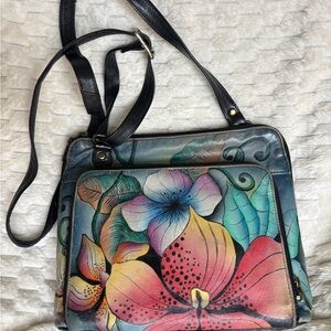 Anuschka Hand Painted Leather Floral Crossbody Organizer Antique Brass Hardware